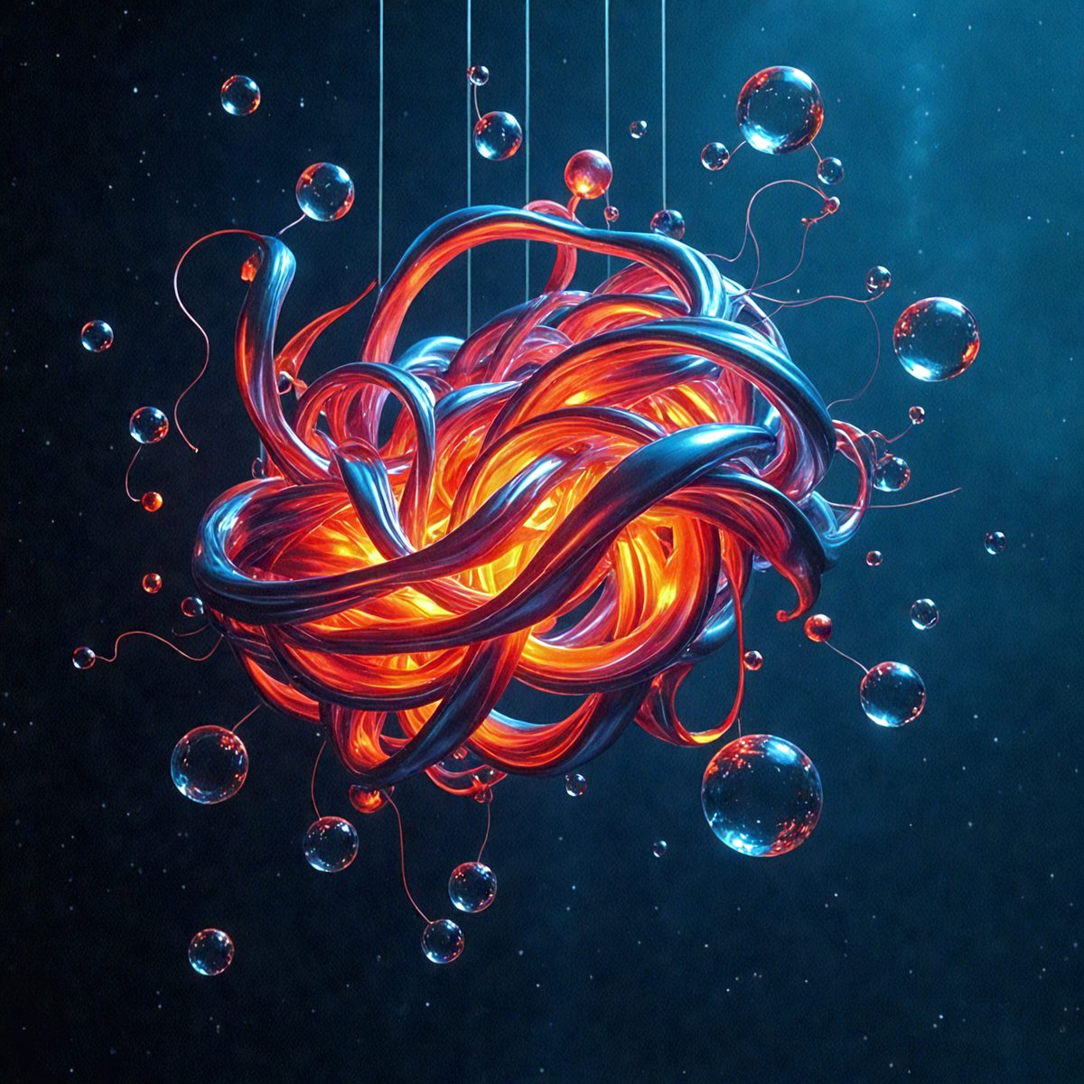 The primary subject of the image is a large, colorful, and intricately designed sculpture made of wire. The sculpture is suspended in the air, surrounded by a backdrop of blue and white bubbles. The visual style of the image is a combination of digital art and illustration, creating a unique and captivating scene. The dominant colors in the image are red, blue, and white, giving the sculpture a vibrant and lively appearance. The overall atmosphere of the image is one of creativity and artistic expression.